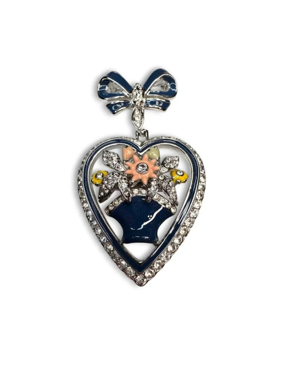 HSM Enamel Rhinestone Heart Bow Brooch 1992 Dangle Floral